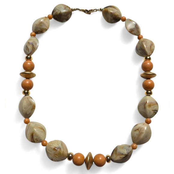 Napier Signed Vintage Faux Lucite Marbled Earth Tone Gold Beaded Necklace - Picture 3 of 3